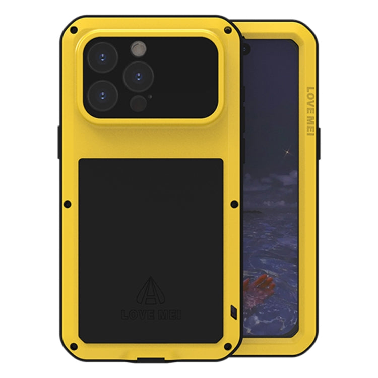 LOVE MEI Metal Shockproof Life Waterproof Case for iPhone 15 Pro Max, showcasing its sleek design and robust protection features.