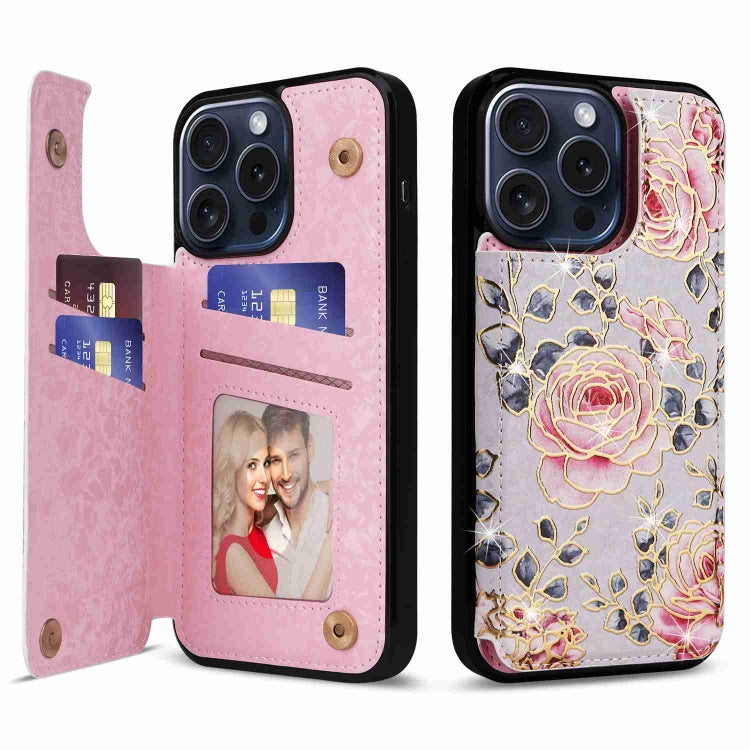 For iPhone 15 Pro Max Printed Double Buckle RFID Anti-theft Phone Case in stylish design with card slots and protective features.