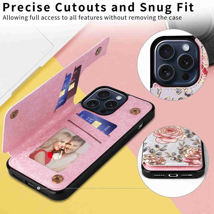 For iPhone 15 Pro Max Printed Double Buckle RFID Anti-theft Phone Case in stylish design with card slots and protective features.