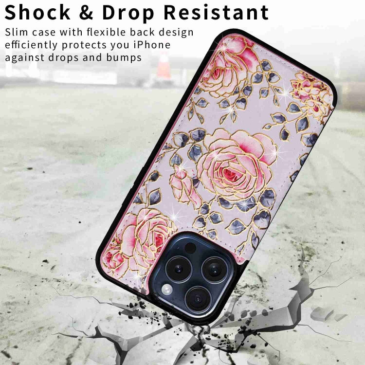 For iPhone 15 Pro Max Printed Double Buckle RFID Anti-theft Phone Case in stylish design with card slots and protective features.