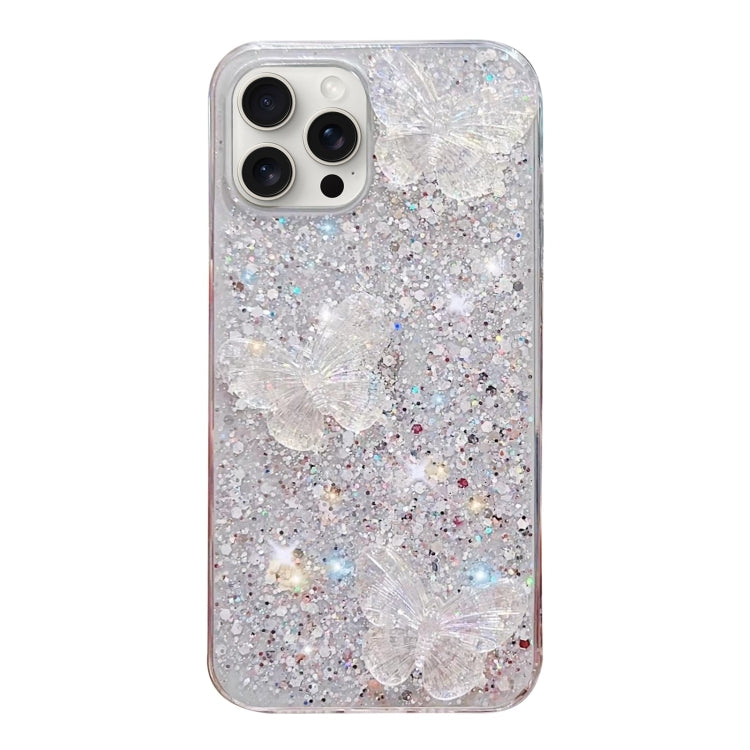 Stylish iPhone 15 Pro Max case featuring starry sequins and butterfly design, made from durable epoxy TPU material.