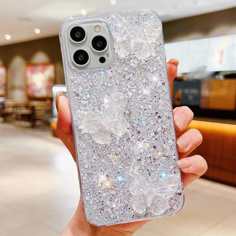 Stylish iPhone 15 Pro Max case featuring starry sequins and butterfly design, made from durable epoxy TPU material.