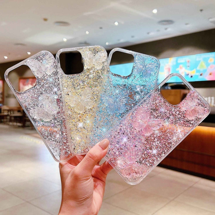 Stylish iPhone 15 Pro Max case featuring starry sequins and butterfly design, made from durable epoxy TPU material.