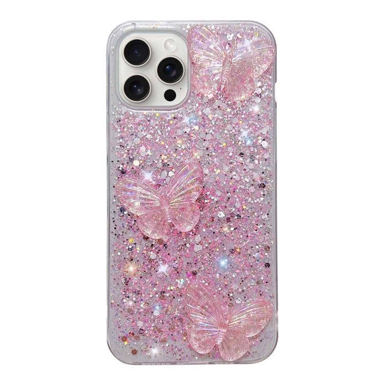 Stylish iPhone 15 Pro Max case featuring starry sequin crystal butterflies design, made from durable epoxy TPU material.