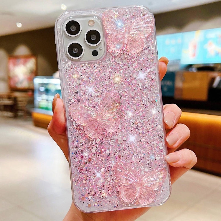 Stylish iPhone 15 Pro Max case featuring starry sequin crystal butterflies design, made from durable epoxy TPU material.