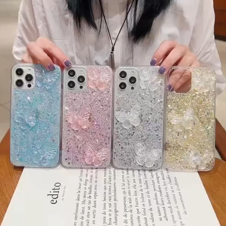 Stylish iPhone 15 Pro Max case featuring starry sequin crystal butterflies design, made from durable epoxy TPU material.