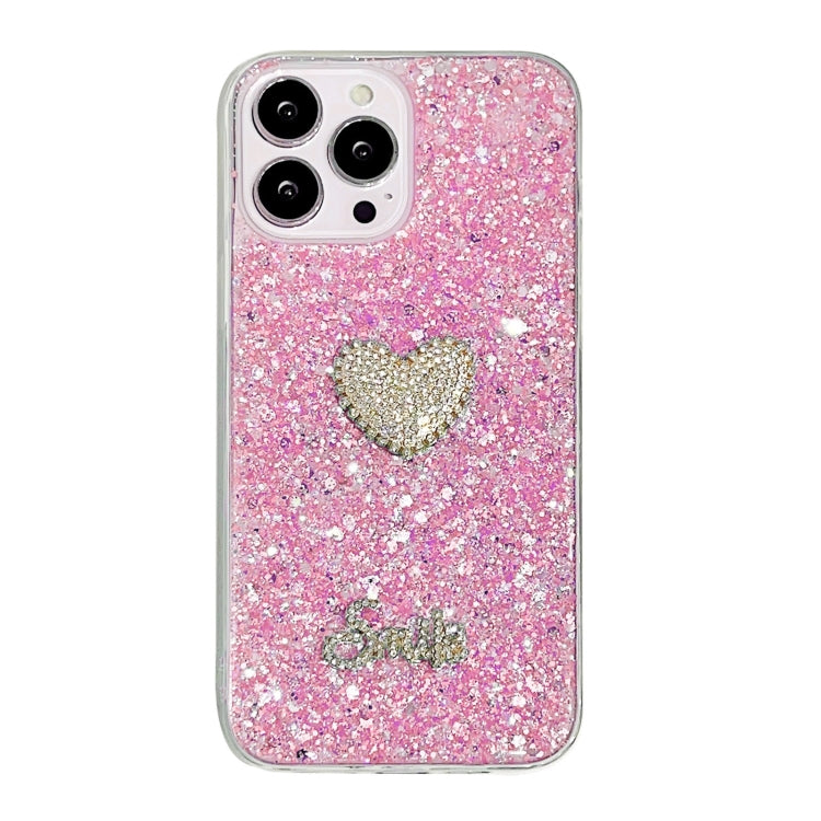 Stylish Starry Sequin Diamond Heart Epoxy TPU Phone Case for iPhone 15 Pro Max, showcasing its unique design and durable material.