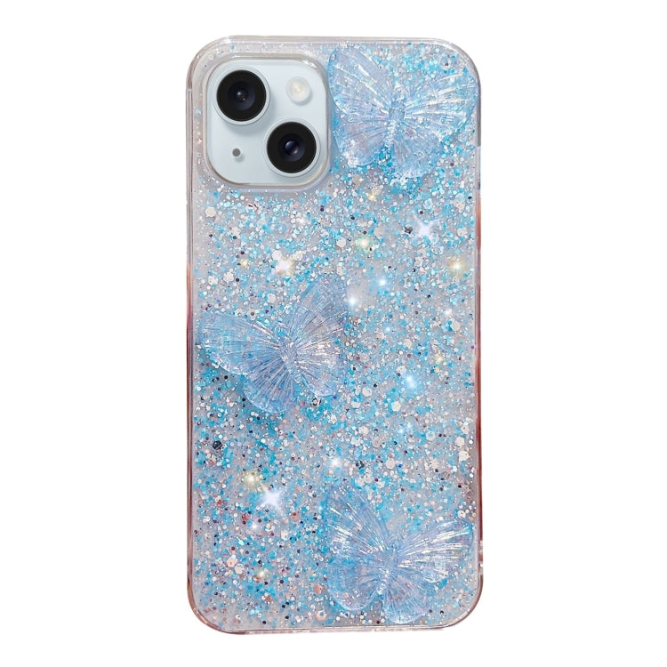 Stylish iPhone 15 case featuring starry sequin butterflies design made from durable epoxy TPU material.