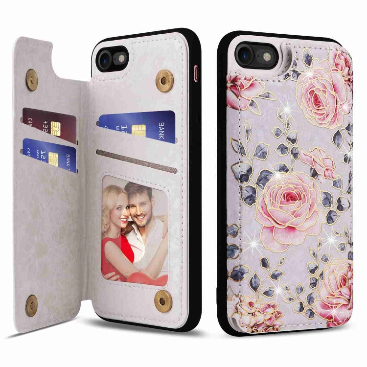 For iPhone SE 2022/2020 Printed Double Buckle RFID Anti-theft case in stylish design, showcasing card slots and protective features.