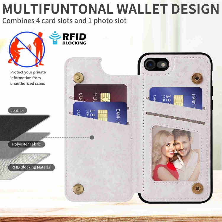 For iPhone SE 2022/2020 Printed Double Buckle RFID Anti-theft case in stylish design, showcasing card slots and protective features.