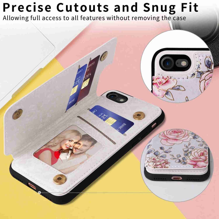 For iPhone SE 2022/2020 Printed Double Buckle RFID Anti-theft case in stylish design, showcasing card slots and protective features.