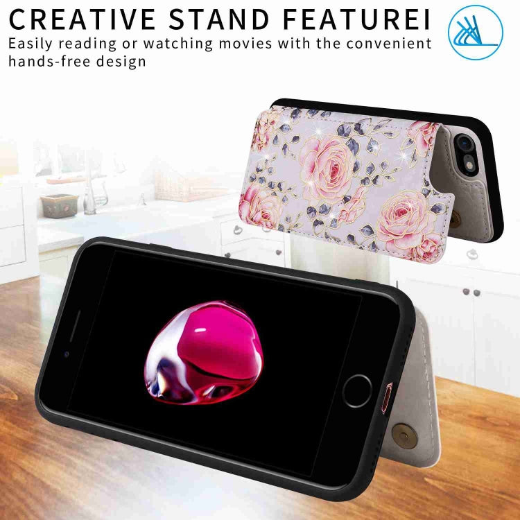 For iPhone SE 2022/2020 Printed Double Buckle RFID Anti-theft case in stylish design, showcasing card slots and protective features.