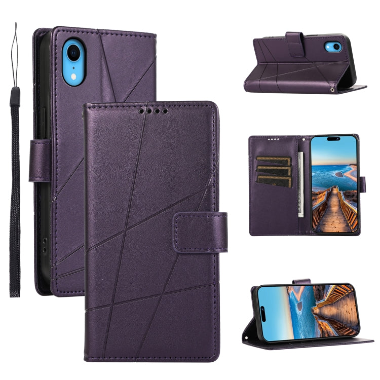 For iPhone XR PU Genuine Leather Texture Embossed Line Phone Case with card slots and kickstand feature, showcasing its stylish design.