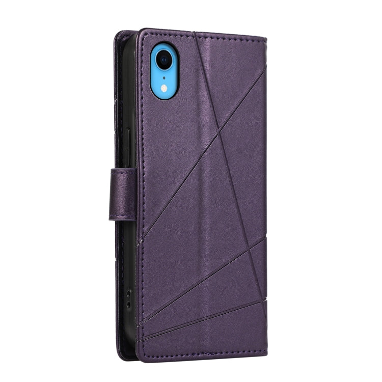 For iPhone XR PU Genuine Leather Texture Embossed Line Phone Case with card slots and kickstand feature, showcasing its stylish design.