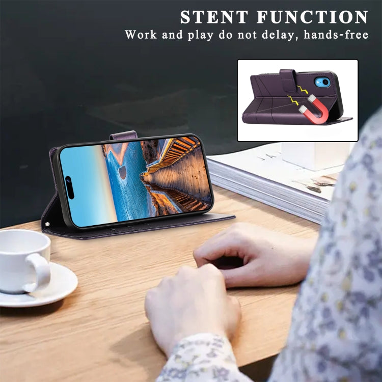 For iPhone XR PU Genuine Leather Texture Embossed Line Phone Case with card slots and kickstand feature, showcasing its stylish design.