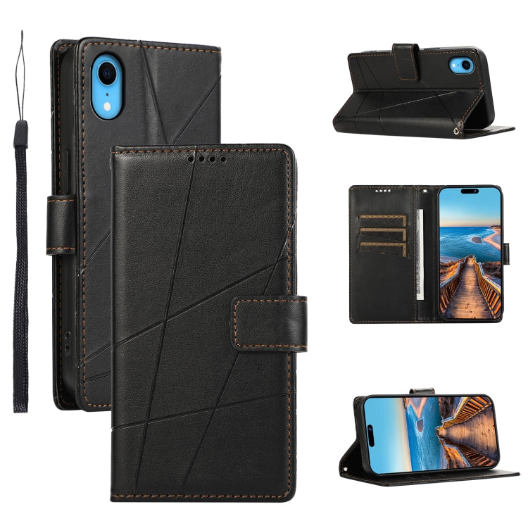 For iPhone XR PU Genuine Leather Texture Embossed Line Phone Case in black with card slots and wrist strap.