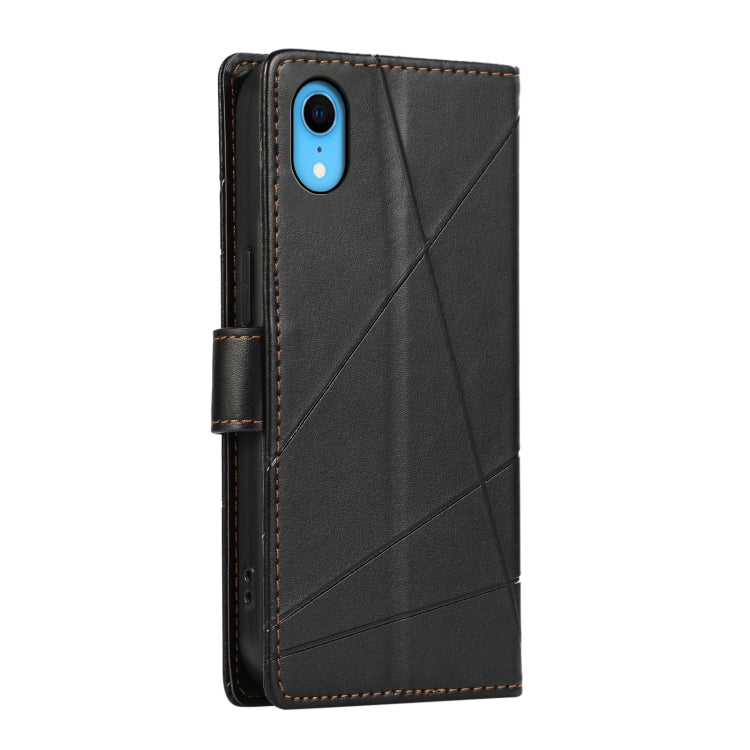 For iPhone XR PU Genuine Leather Texture Embossed Line Phone Case in black with card slots and wrist strap.