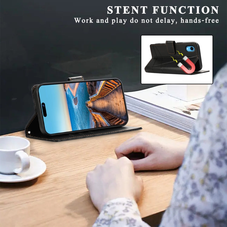 For iPhone XR PU Genuine Leather Texture Embossed Line Phone Case in black with card slots and wrist strap.