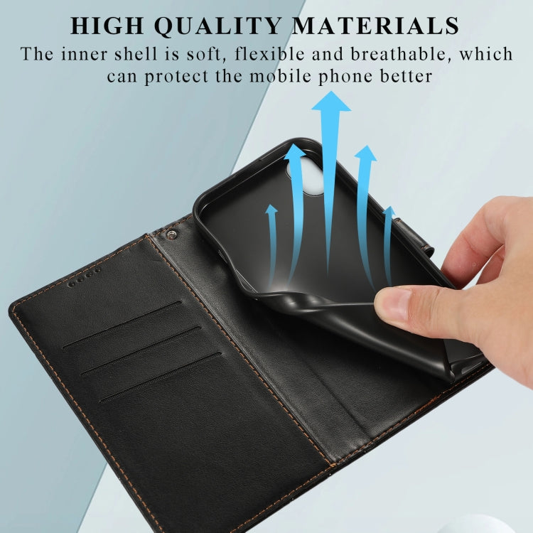 For iPhone XR PU Genuine Leather Texture Embossed Line Phone Case in black with card slots and wrist strap.