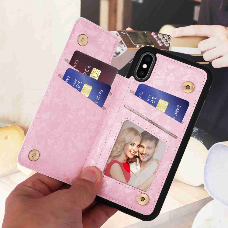 For iPhone XS/X Printed Double Buckle RFID Anti-theft Phone Case in stylish design, showcasing card slots and protective features.