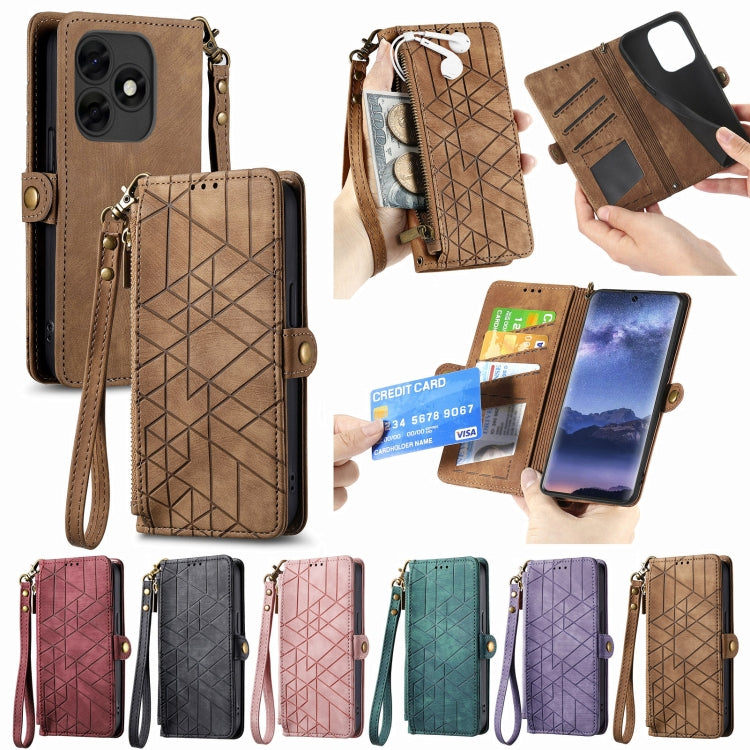 Geometric Zipper Wallet Side Buckle Leather Phone Case for Itel S23+, showcasing its stylish design and practical features.