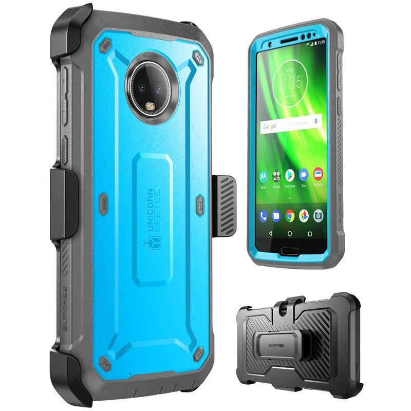 For Moto G6 UB Pro Full-Body Rugged Holster Cover with built-in screen protector in black and blue colors, showcasing its durable design.