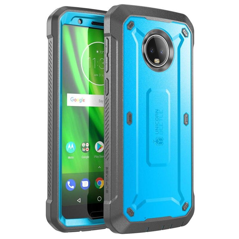 For Moto G6 UB Pro Full-Body Rugged Holster Cover with built-in screen protector in black and blue colors, showcasing its durable design.