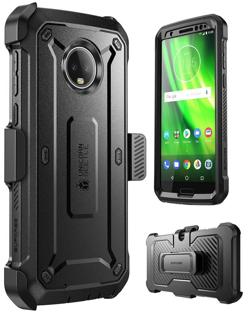 For Moto G6 UB Pro Full-Body Rugged Holster Cover with built-in screen protector in black and blue colors, showcasing its durable design.