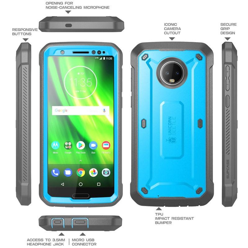 For Moto G6 UB Pro Full-Body Rugged Holster Cover with built-in screen protector in black and blue colors, showcasing its durable design.