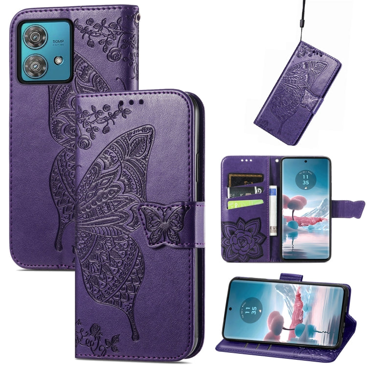 Butterfly Love Flower Embossed Leather Phone Case for Motorola Edge 40 Neo, showcasing floral and butterfly designs.