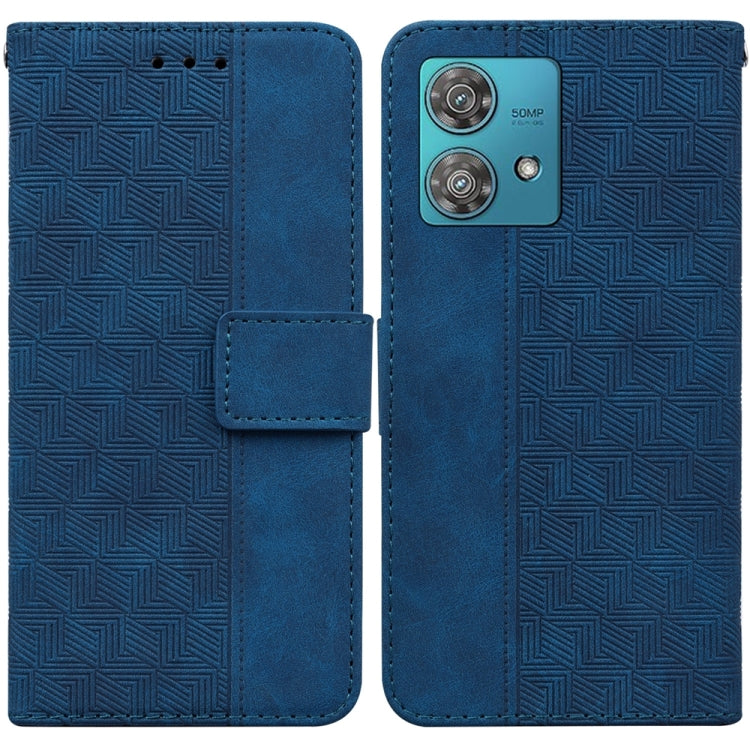 Blue geometric embossed leather phone case designed for Motorola Edge 40 Neo, showcasing its stylish and protective features.