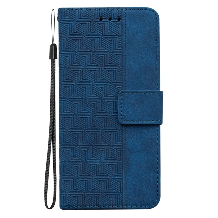 Blue geometric embossed leather phone case designed for Motorola Edge 40 Neo, showcasing its stylish and protective features.