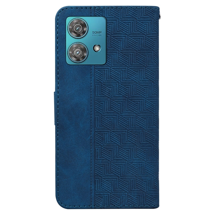 Blue geometric embossed leather phone case designed for Motorola Edge 40 Neo, showcasing its stylish and protective features.