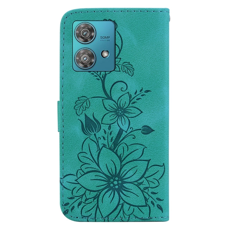 Green embossed leather phone case for Motorola Edge 40 Neo, showcasing its stylish design and functional features.