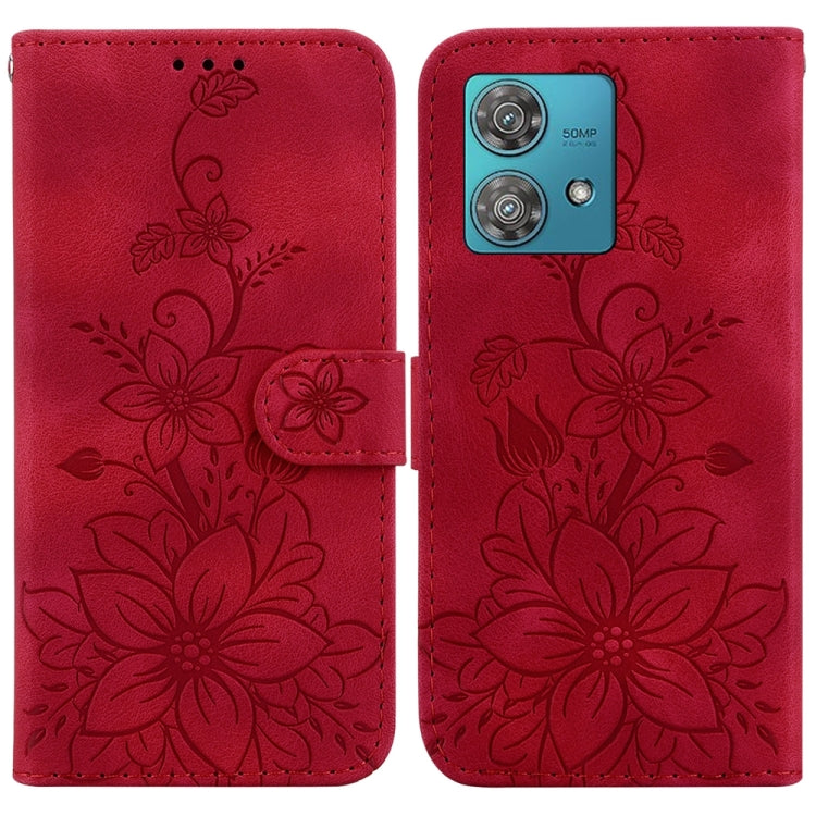 Red embossed leather phone case for Motorola Edge 40 Neo, showcasing its stylish design and functional features.