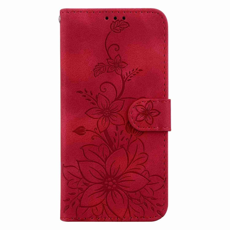 Red embossed leather phone case for Motorola Edge 40 Neo, showcasing its stylish design and functional features.