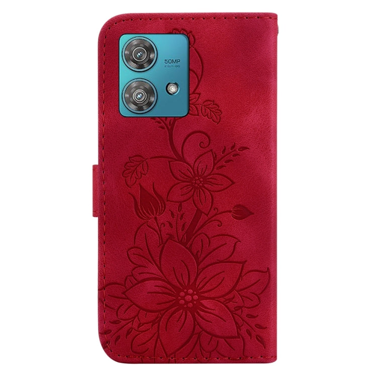 Red embossed leather phone case for Motorola Edge 40 Neo, showcasing its stylish design and functional features.