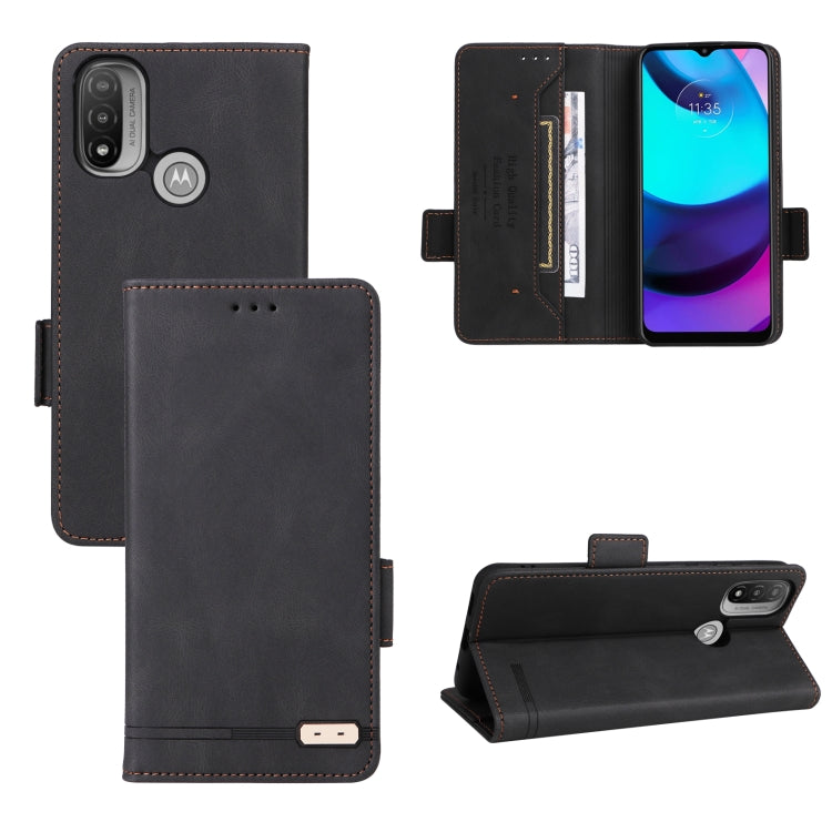 Black magnetic clasp leather phone case for Motorola Moto E20 and E40, showcasing its sleek design and functional features.