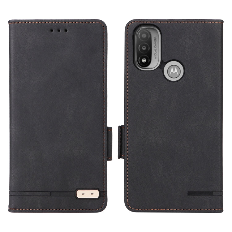 Black magnetic clasp leather phone case for Motorola Moto E20 and E40, showcasing its sleek design and functional features.