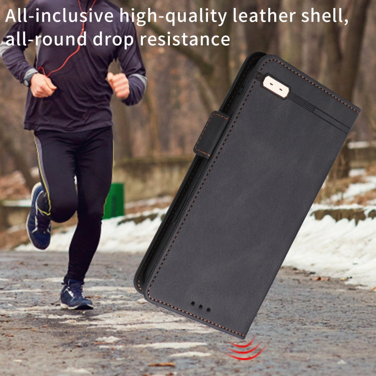 Black magnetic clasp leather phone case for Motorola Moto E20 and E40, showcasing its sleek design and functional features.