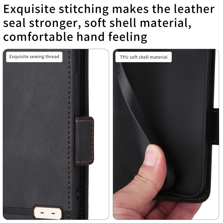 Black magnetic clasp leather phone case for Motorola Moto E20 and E40, showcasing its sleek design and functional features.