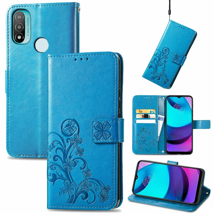 Four-leaf clasp embossed leather case for Motorola Moto E20, featuring a stylish design and functional card slot.