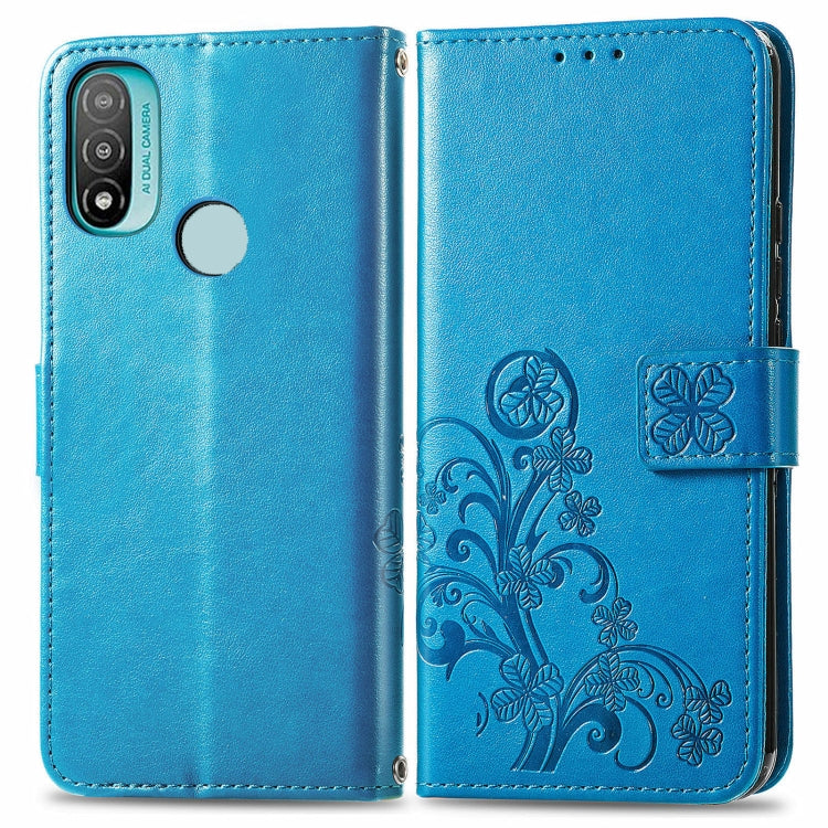 Four-leaf clasp embossed leather case for Motorola Moto E20, featuring a stylish design and functional card slot.