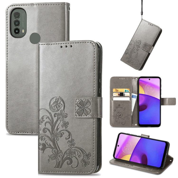 Stylish Four-leaf Clasp Embossed Leather Case for Motorola Moto E40, featuring a noble design and card slot.