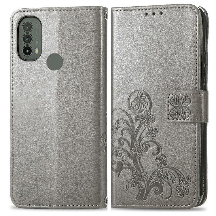 Stylish Four-leaf Clasp Embossed Leather Case for Motorola Moto E40, featuring a noble design and card slot.