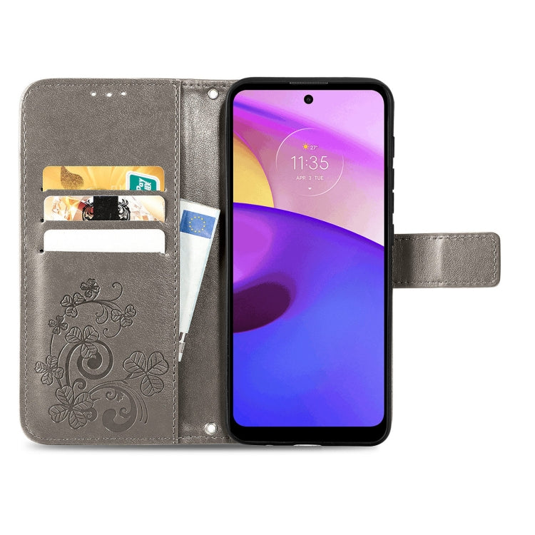 Stylish Four-leaf Clasp Embossed Leather Case for Motorola Moto E40, featuring a noble design and card slot.