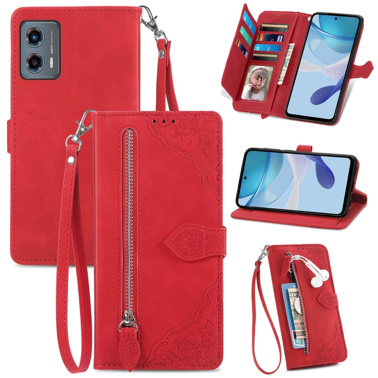 Stylish embossed flower leather phone case for Motorola Moto G 5G 2023, featuring a zipper and card holder.