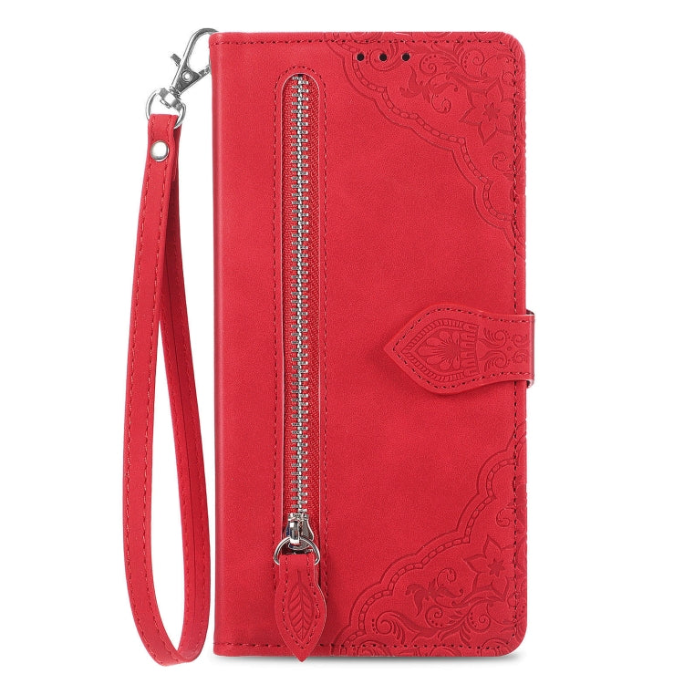 Stylish embossed flower leather phone case for Motorola Moto G 5G 2023, featuring a zipper and card holder.