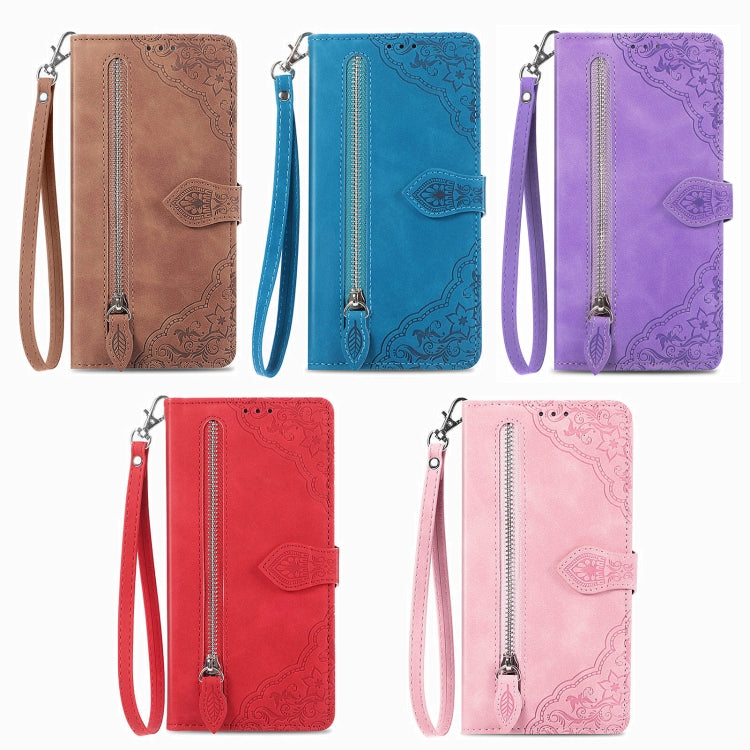 Stylish embossed flower leather phone case for Motorola Moto G 5G 2023, featuring a zipper and card holder.