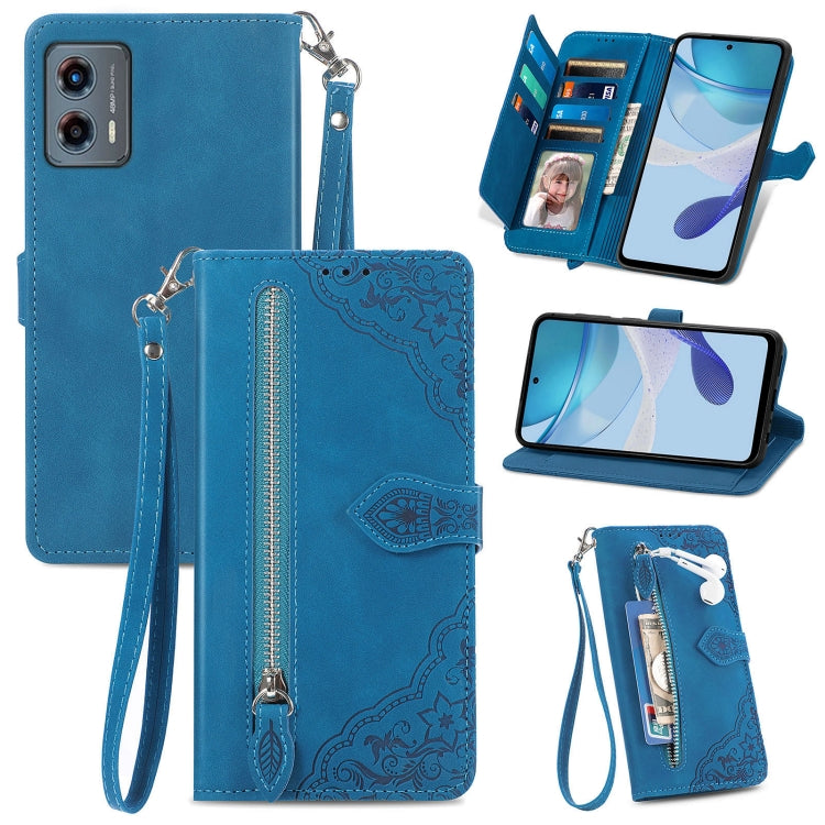 Stylish embossed flower leather phone case for Motorola Moto G 5G 2023, featuring a zipper and card holder.